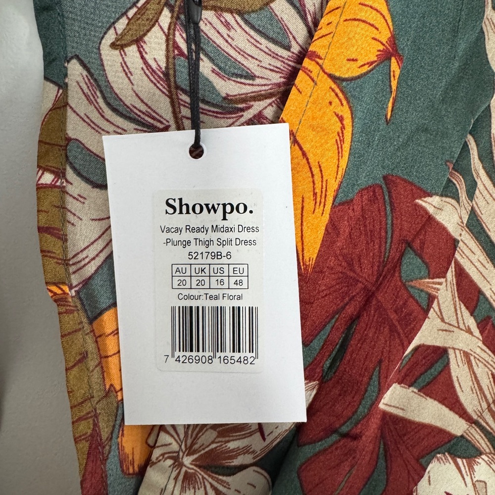 🌺 Vacay Ready Plunge Midi Dress – Teal Floral Satin, Size 16 🌺 - Picture 4 of 6